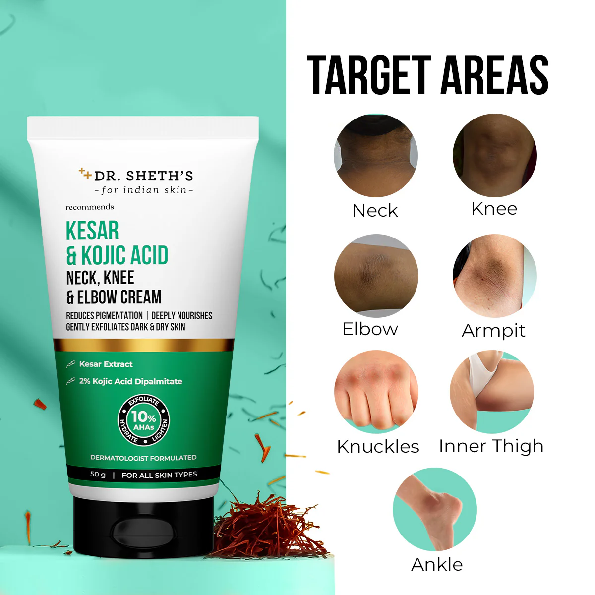 Kesar & Kojic Acid Neck, Knee & Elbow Cream - 50 gm - Image 5